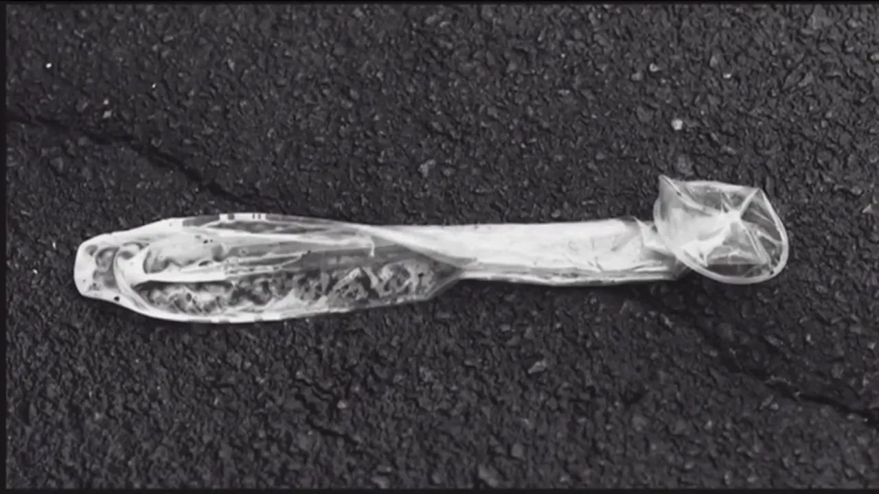 A used condom lies discarded on a dark, textured asphalt surface, appearing as a stark, solitary object.