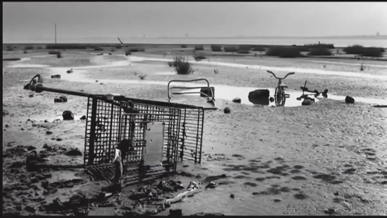 A wide shot shows a desolate, muddy tidal flat with abandoned objects like a shopping cart and bicycle, under a hazy sky.