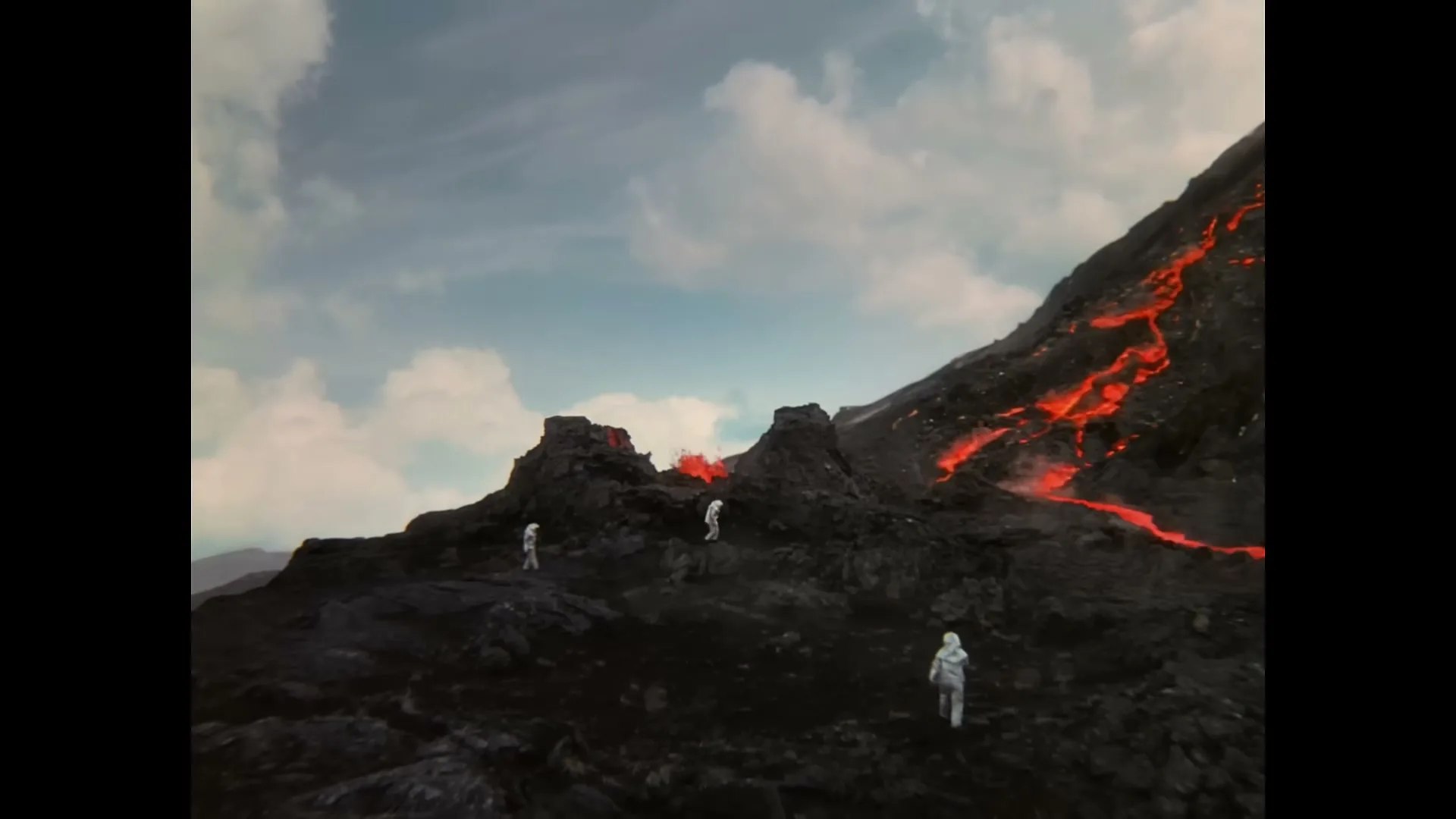 Three astronauts in white suits walk on a dark, rocky volcanic landscape with flowing lava under a cloudy sky.