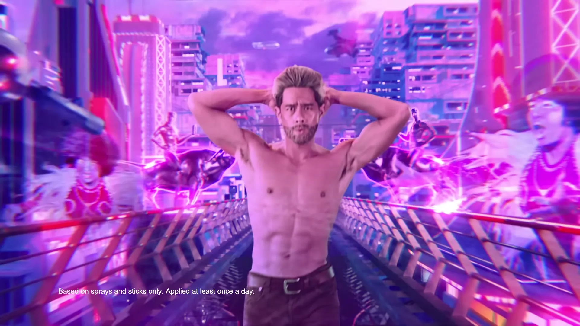 A shirtless man with blonde hair poses on a futuristic bridge in a neon city, as purple energy bursts around him.