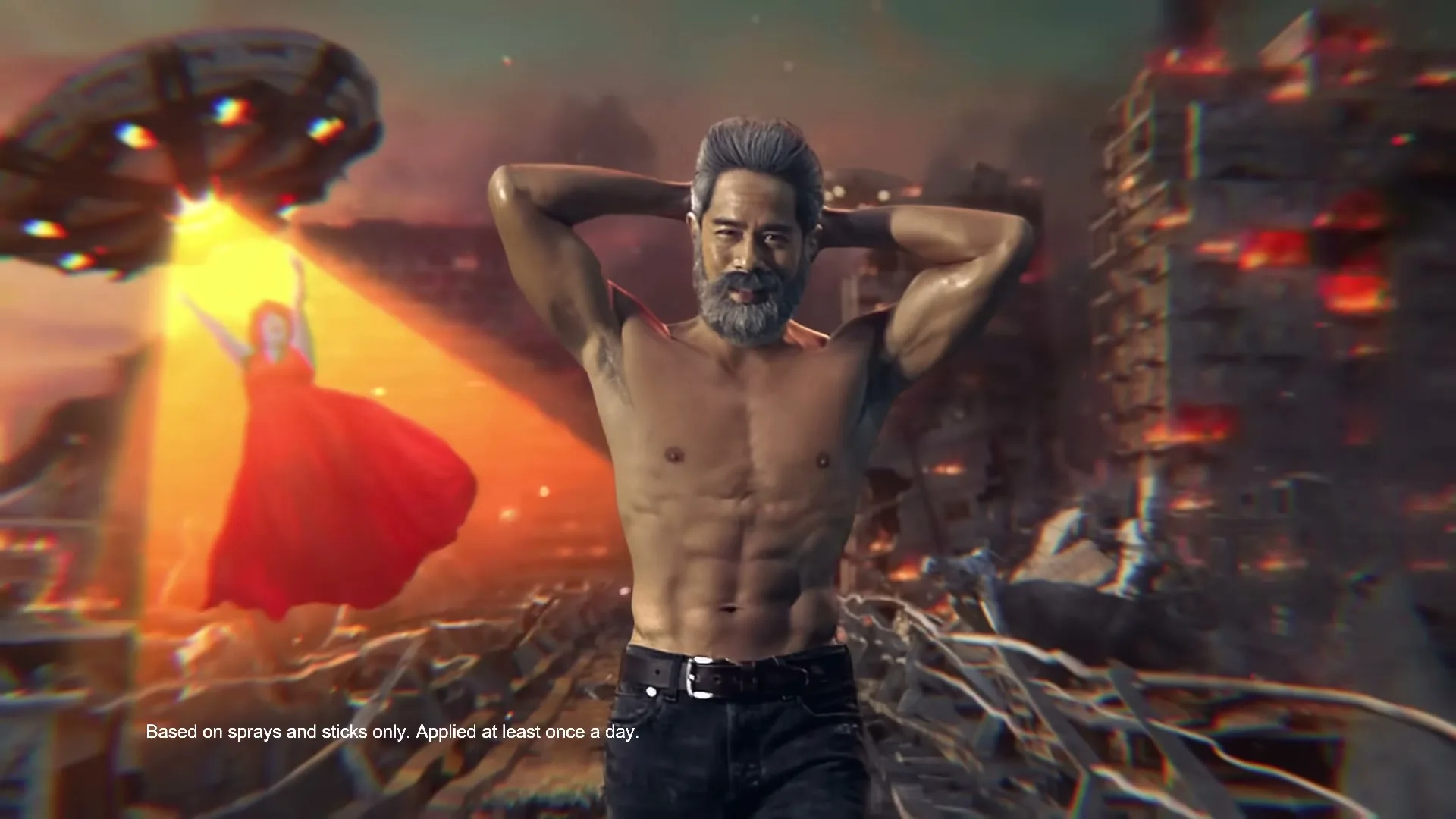 A shirtless, muscular man with a beard poses with his hands behind his head in a post-apocalyptic landscape with a UFO and a woman in a red dress.