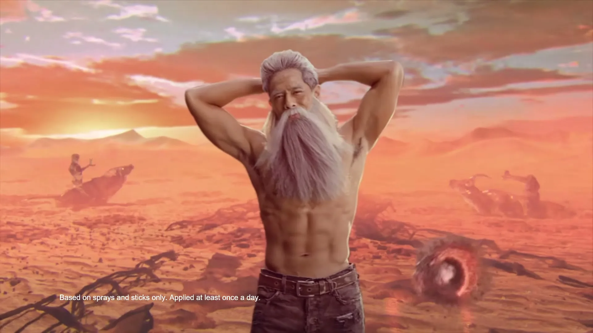 A shirtless man with a long white beard and hair stands in a desert landscape, flexing his arms as lightning strikes him.