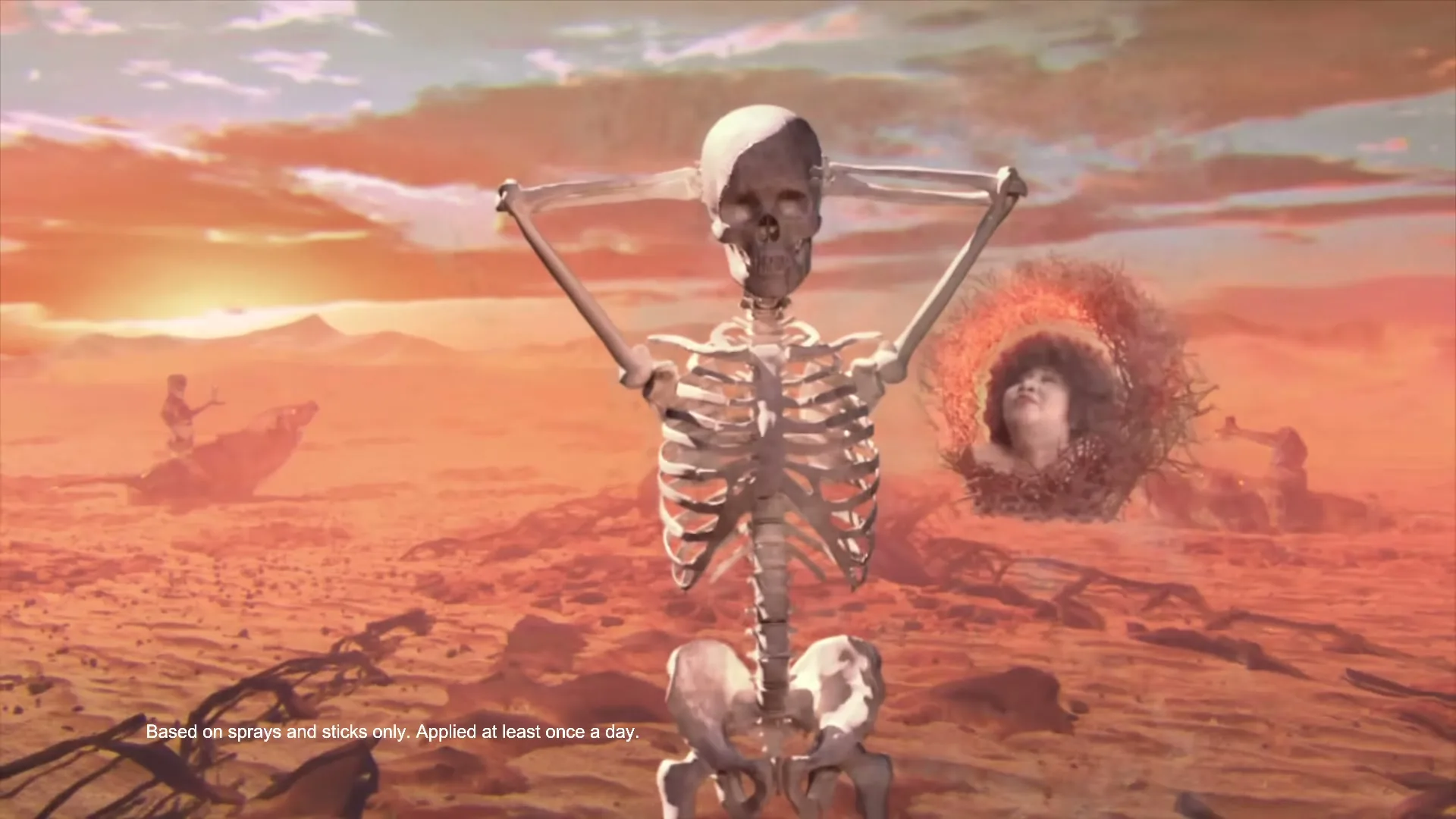 A shirtless man with a pink beard transforms into a skeleton, standing in a desolate, orange-hued desert landscape with other surreal elements.