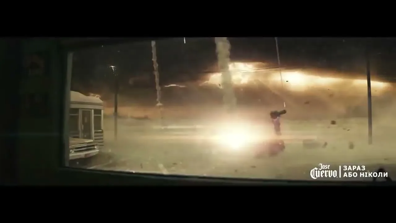 A wide shot from inside a building shows a dark, stormy sky with a tornado in the distance, as a truck drives through a dusty, debris-filled landscape.