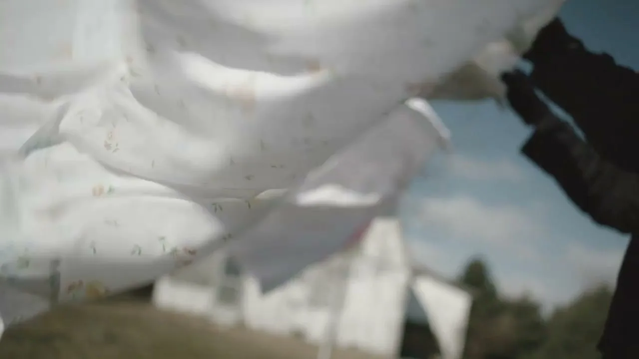 A person's hands are seen holding up white laundry that billows in the wind, with a white house in the background under a blue sky.