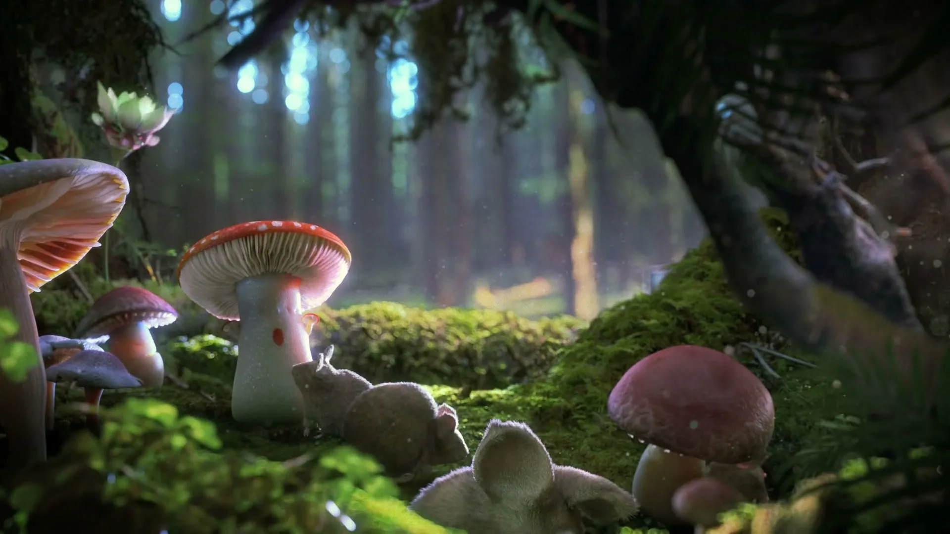 A group of animated mice are sleeping among large mushrooms in an enchanted forest, as a FedEx truck drives by in the background.