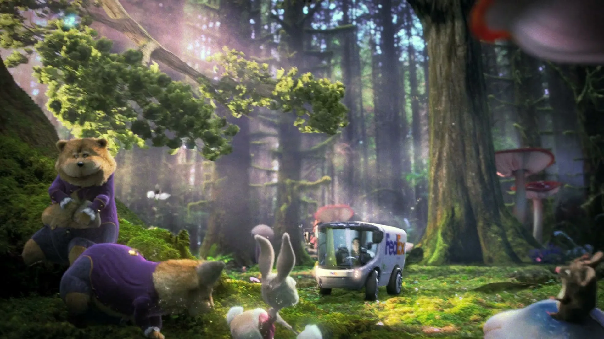 A FedEx delivery vehicle drives through an enchanted forest, as animated animals watch a tree branch fall in its path.