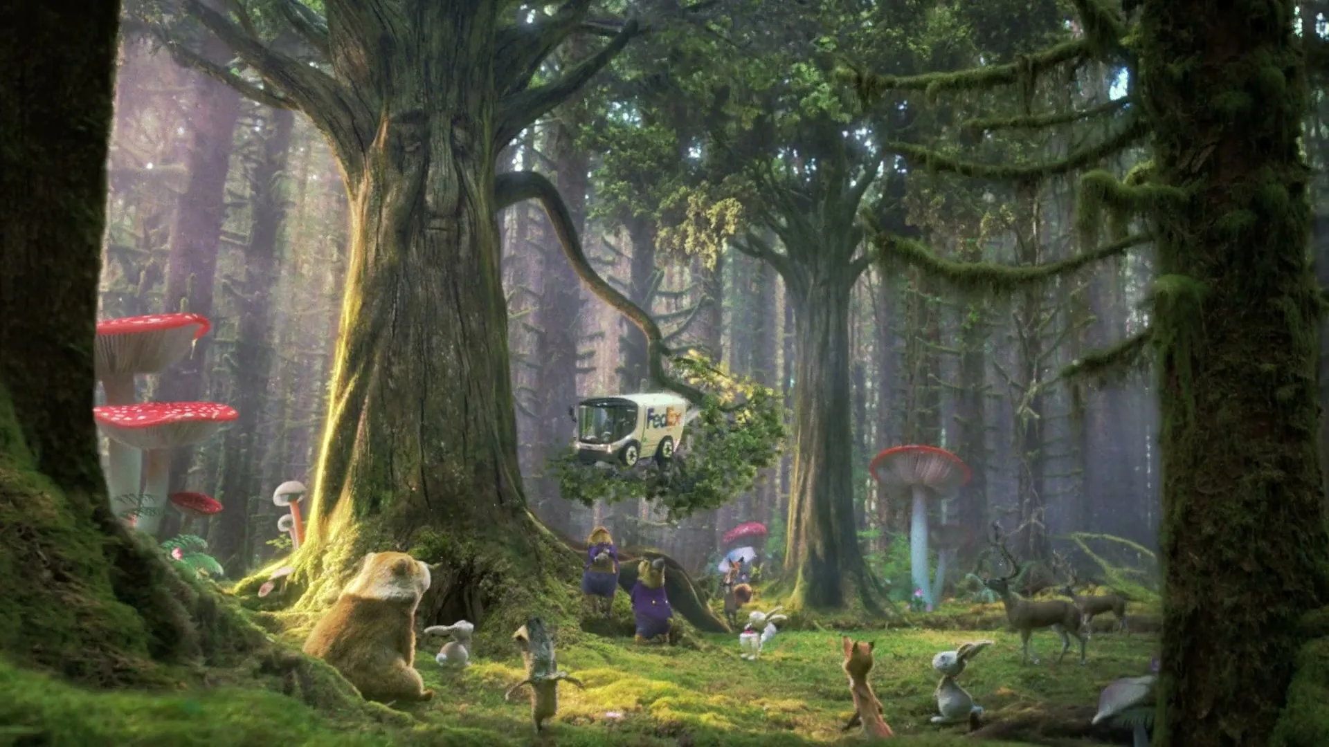 A FedEx delivery truck is stuck in a tree in an enchanted forest, surrounded by various animated animals and giant mushrooms.