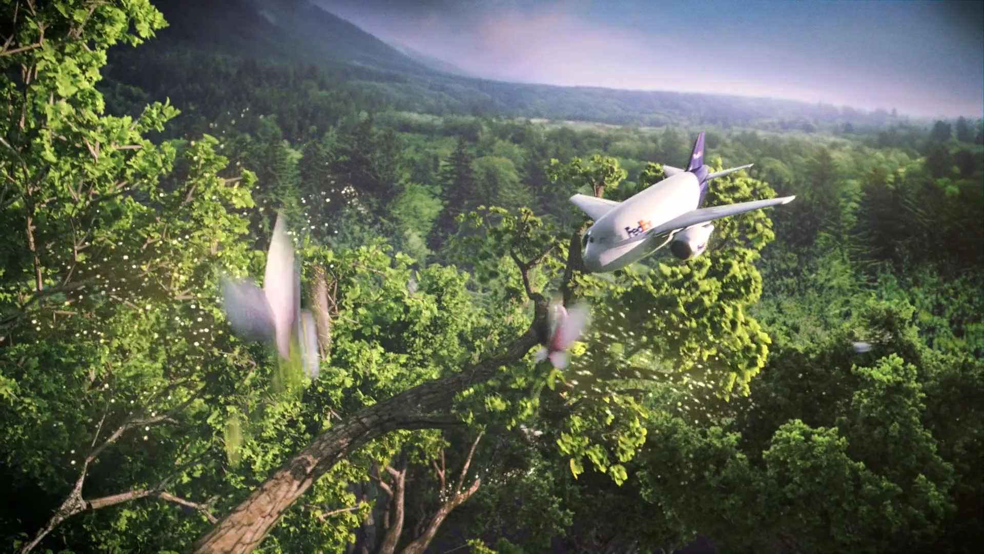 A FedEx plane flies through a lush green forest, with small, glowing, fairy-like creatures fluttering around the trees.