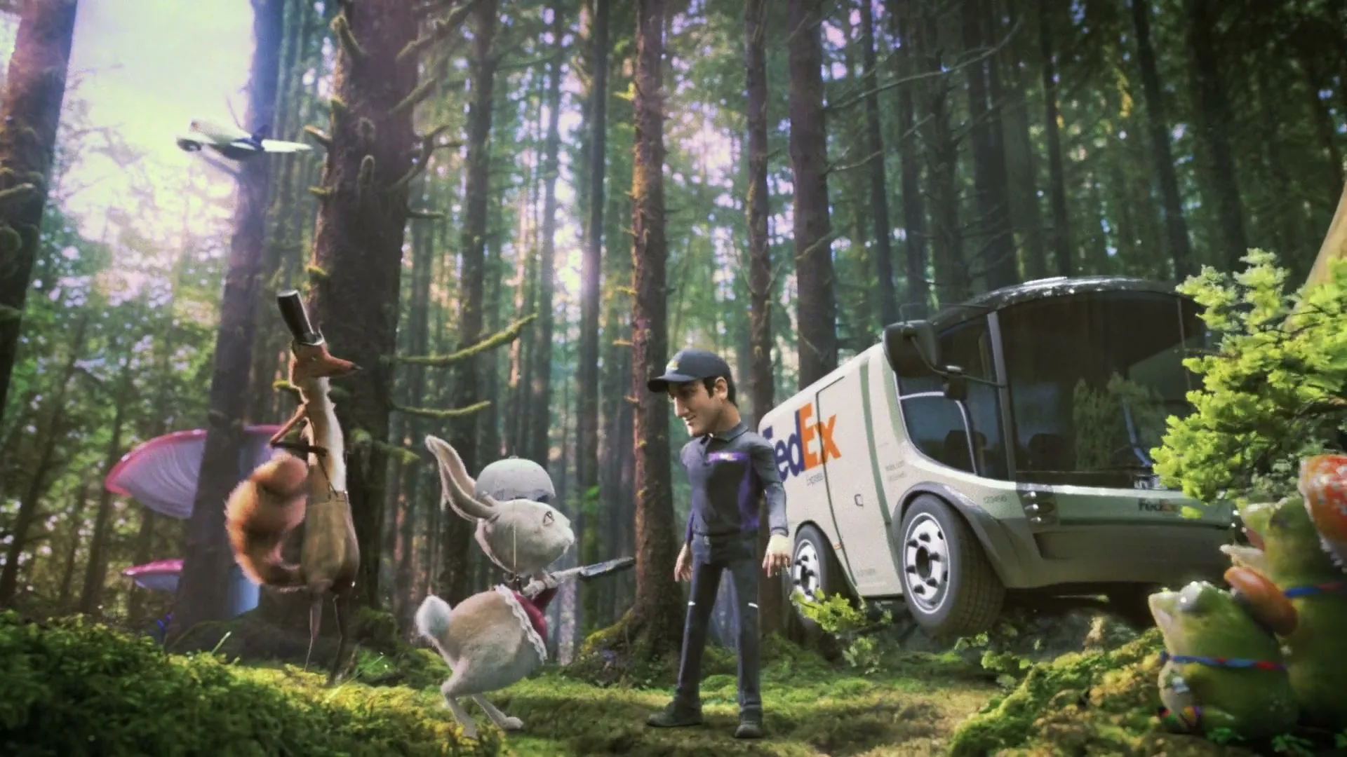 A FedEx delivery driver in a purple uniform stands in an enchanted forest with a fox, a rabbit, and a FedEx delivery truck.