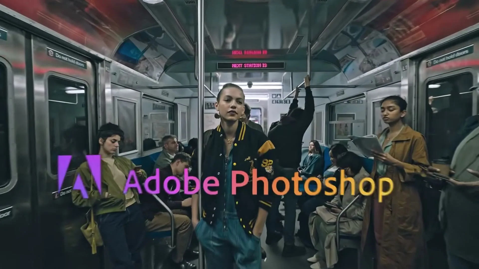 A young woman in a varsity jacket stands confidently in a crowded subway car, looking directly at the camera as the train moves.