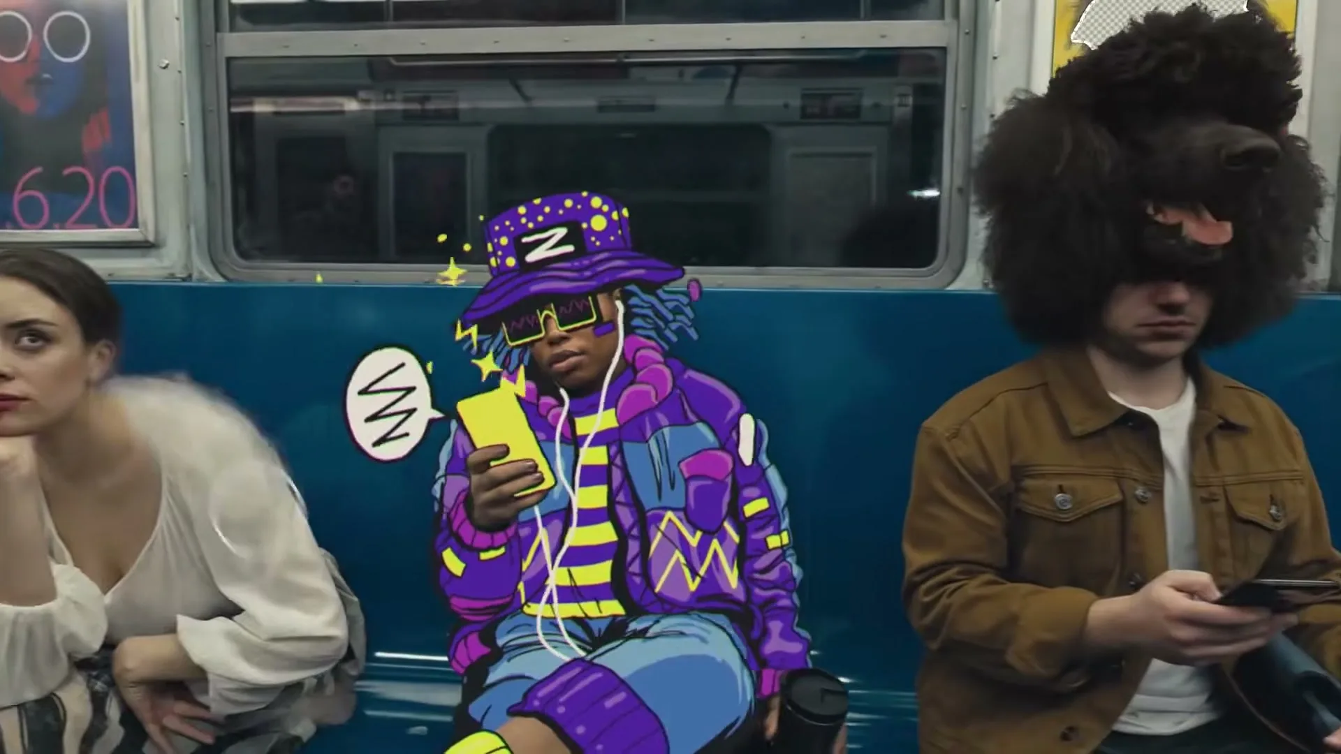 A diverse group of people are riding a subway train, some of them are edited with surreal elements, like a poodle head or a cartoon body.