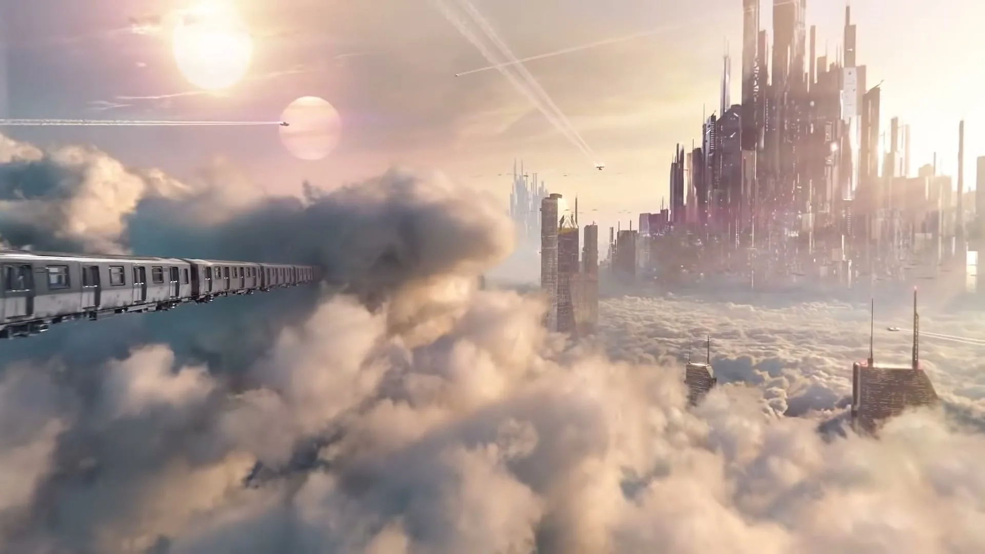 A subway train travels through a fantastical sky filled with clouds, with a futuristic city visible in the distance under a bright sun.