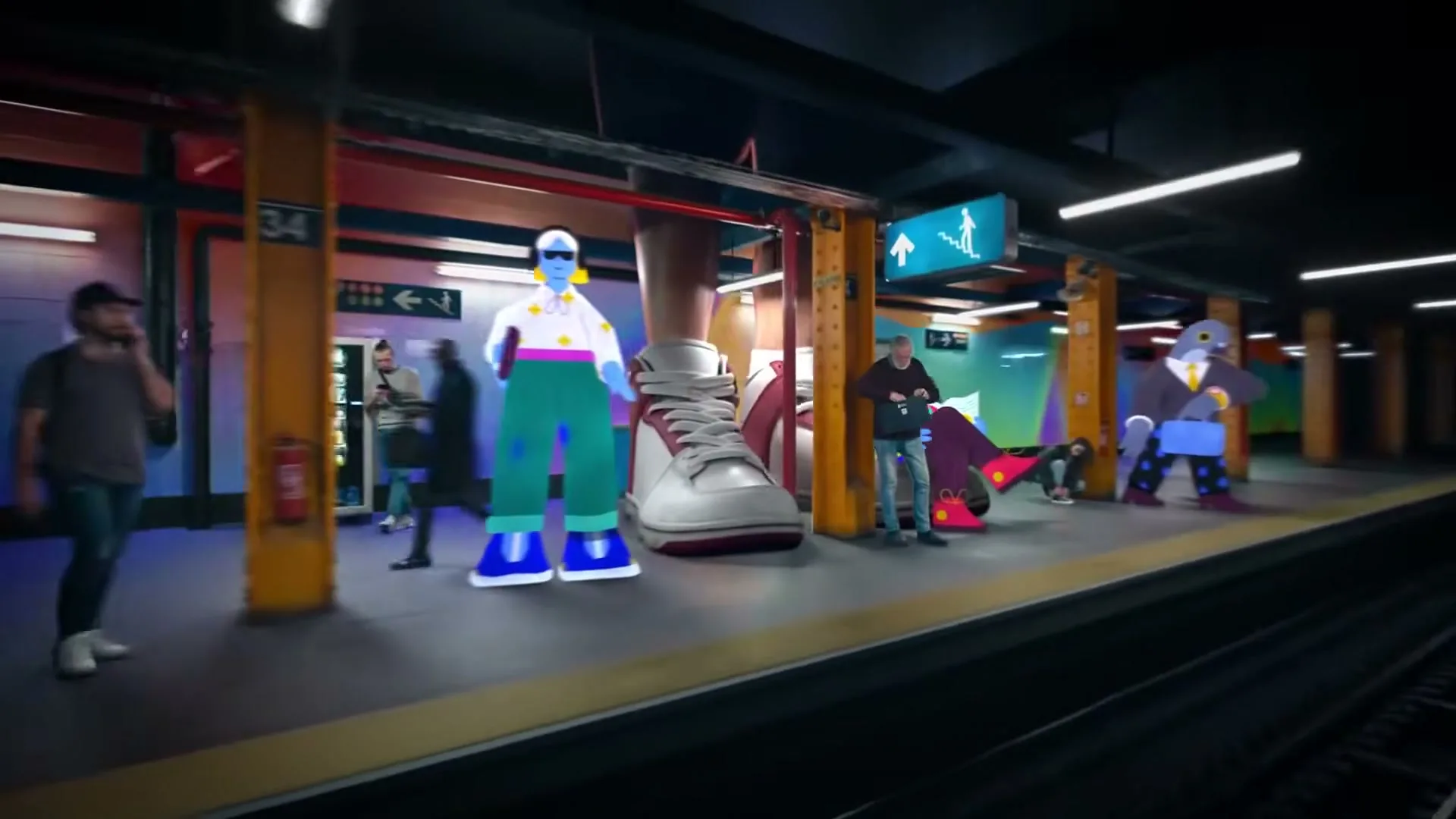 A subway platform is filled with a mix of real people and colorful, stylized animated characters, including a giant shoe, as a train approaches.