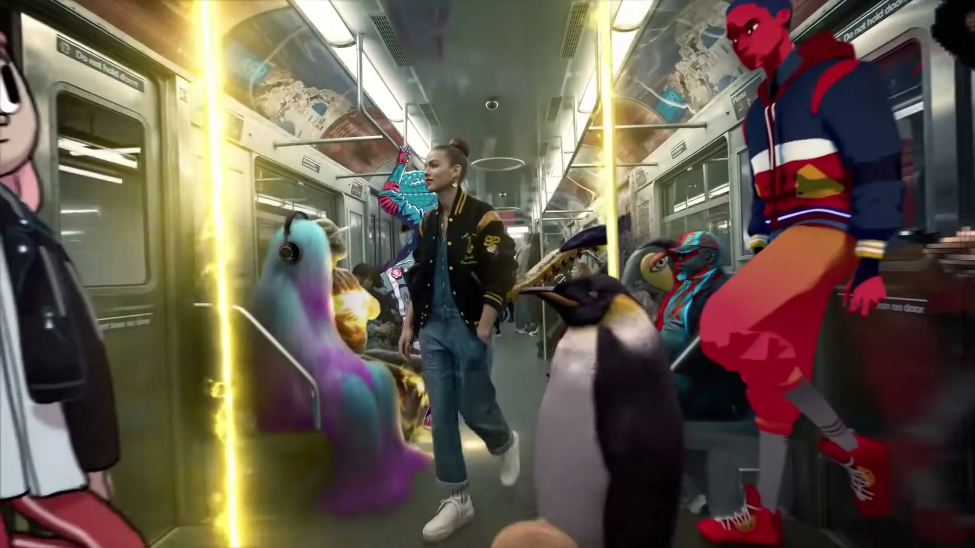 A young woman in a denim jumpsuit walks through a subway car filled with diverse people and fantastical animated characters, as the train moves.
