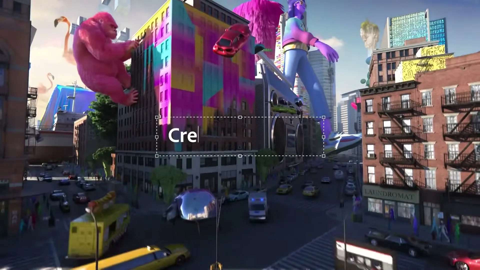 A camera moves through a fantastical city with giant animated characters, floating objects, and colorful buildings, ending on a wide shot of the city with the Adobe Creative Cloud logo.