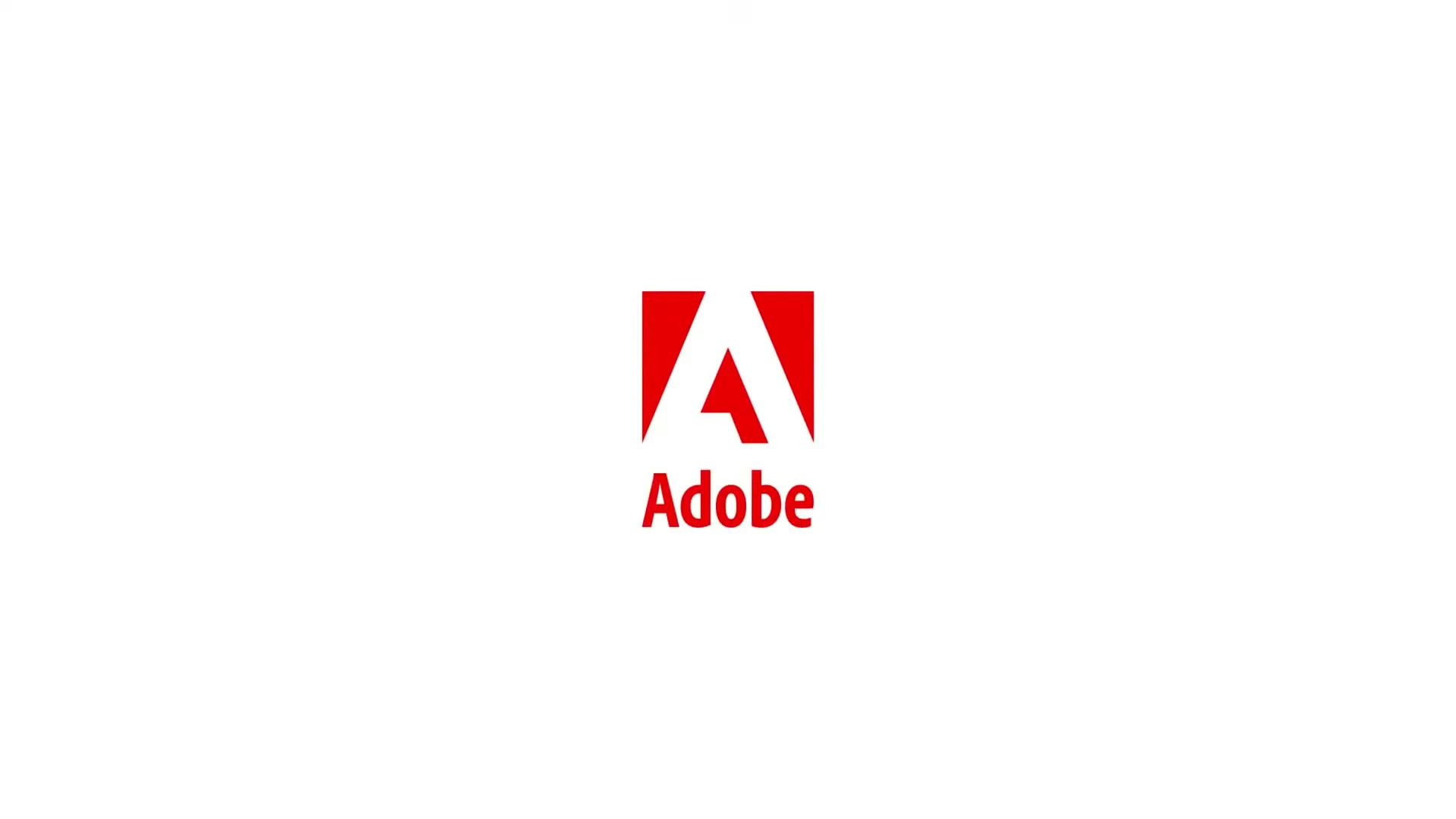 The Adobe logo, a red square with a white "A" inside, appears on a white background, then shrinks to reveal the word "Adobe" below it.
