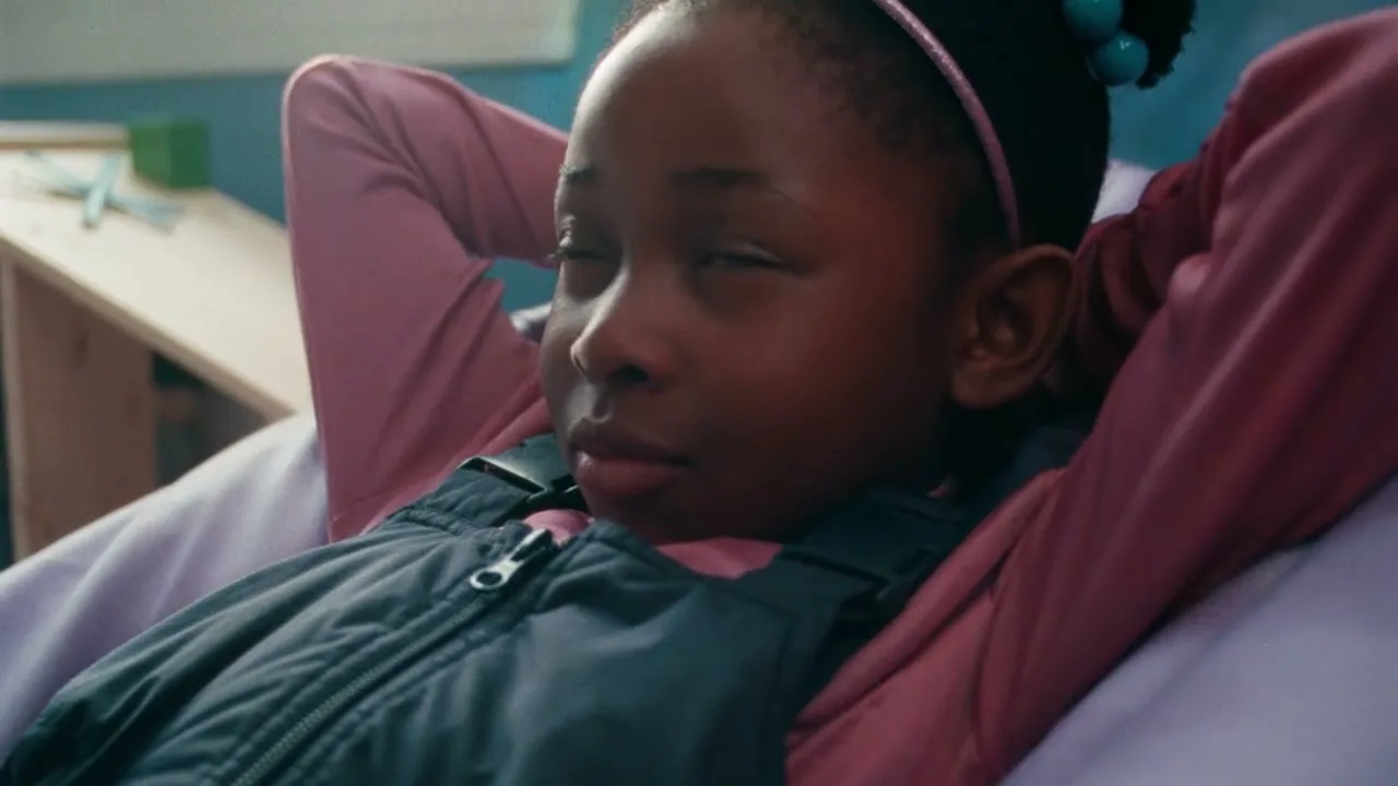 A young Black girl with a pink headband and blue hair ties, wearing a pink shirt and dark blue overalls, lies back with her hands behind her head, opening her eyes and looking up in an interior setting.
