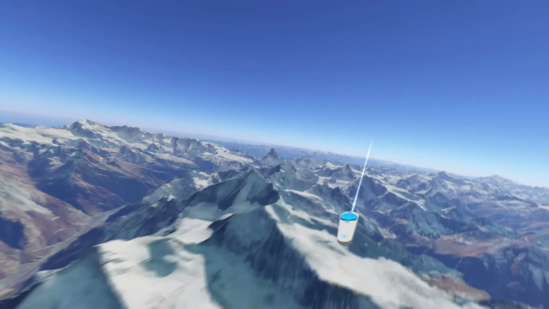 A virtual reality cursor flies over a vast, snow-capped mountain range under a clear blue sky, simulating a tour in Google Earth VR.