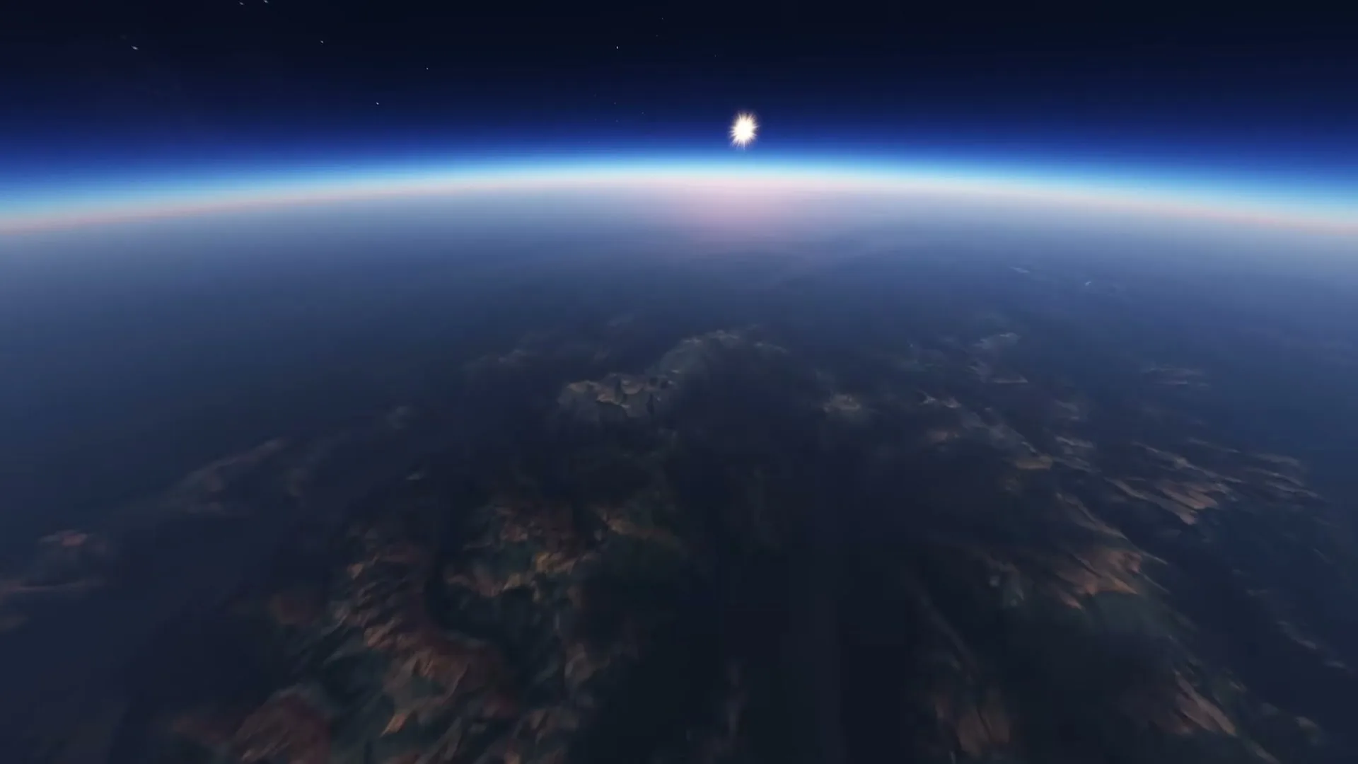 A wide shot of Earth from space, showing the curvature of the planet, mountains, and a bright sun-like object in the distance.