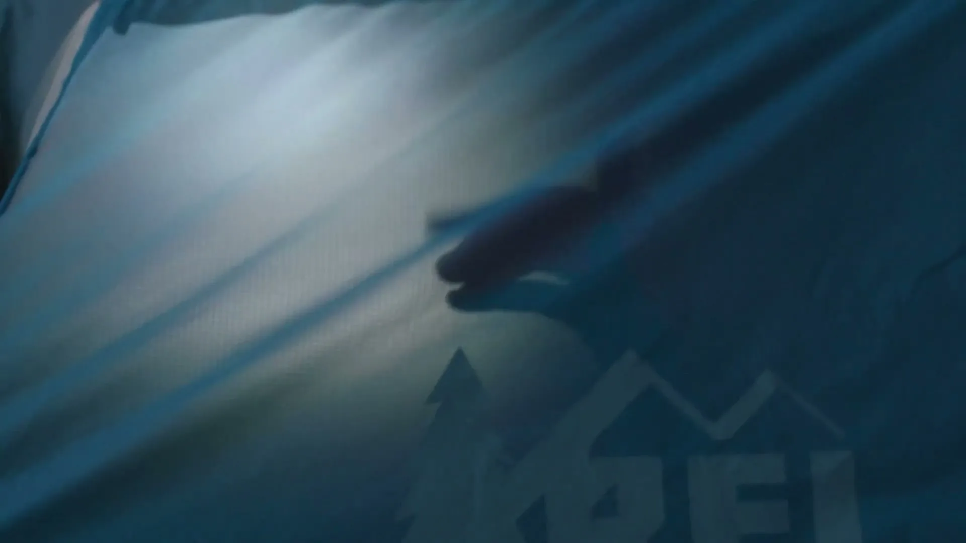 A hand's shadow is cast on the side of a blue tent, with the REI logo visible at the bottom right.
