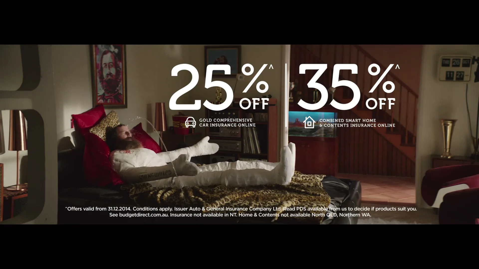 A man with a beard and full body cast lies on a couch in a living room, with text overlays for insurance discounts.