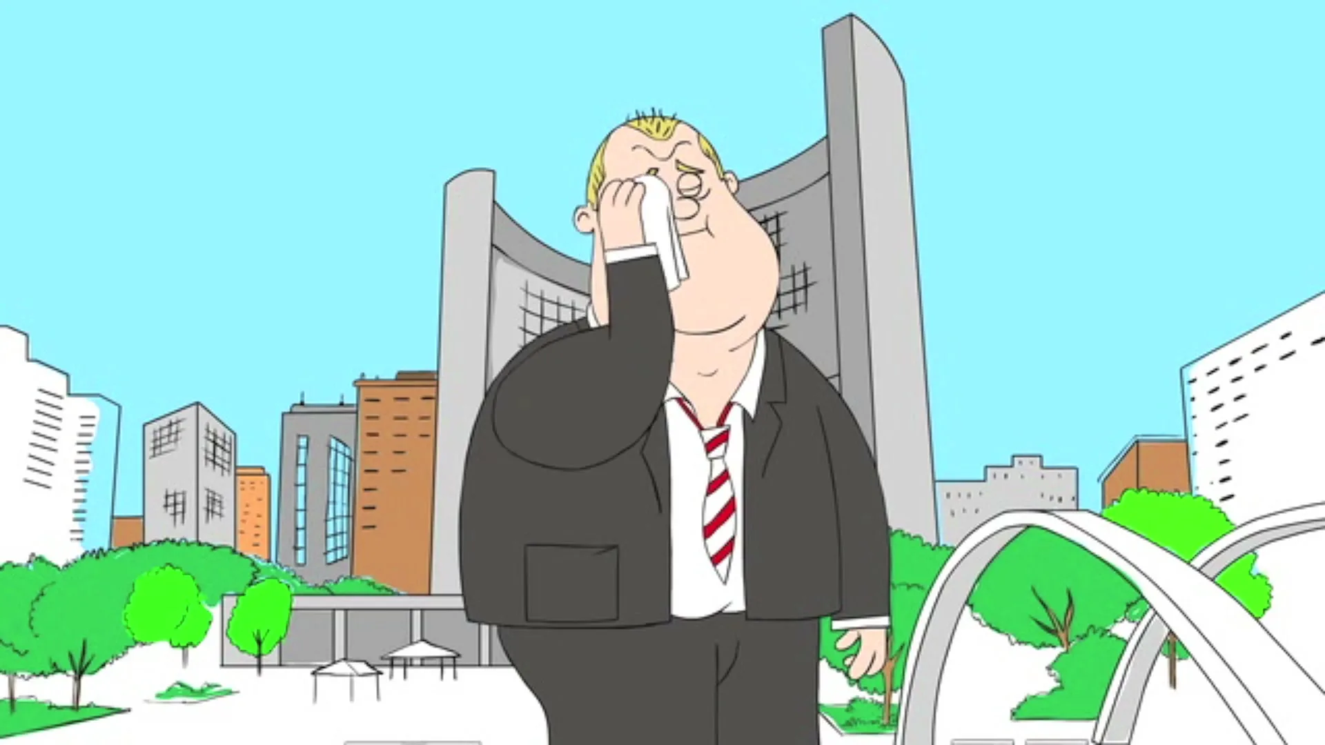 An animated, overweight man in a suit stands in front of a city hall building, wiping his eyes with a tissue, then a graphic element covers the screen.