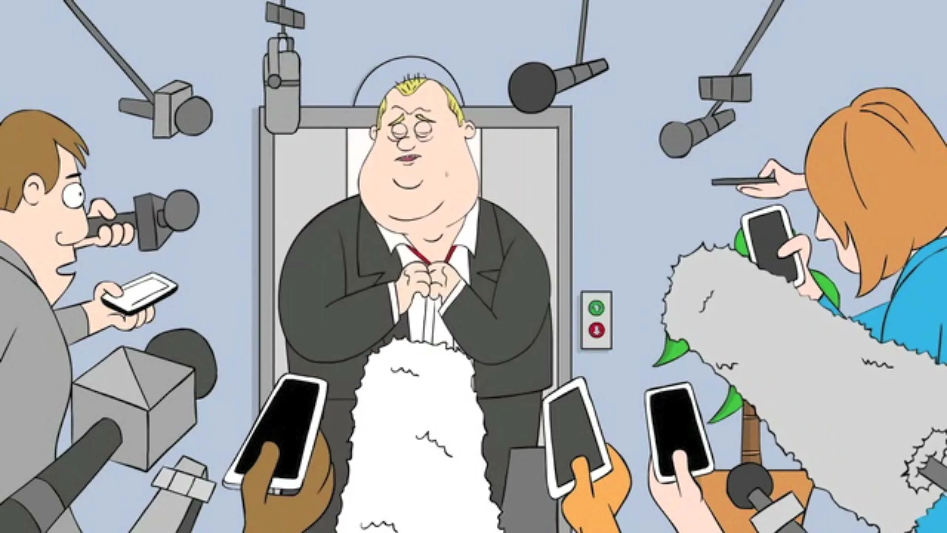A cartoon politician in a suit emerges from an elevator, surrounded by reporters and microphones, wiping his face with a tissue.