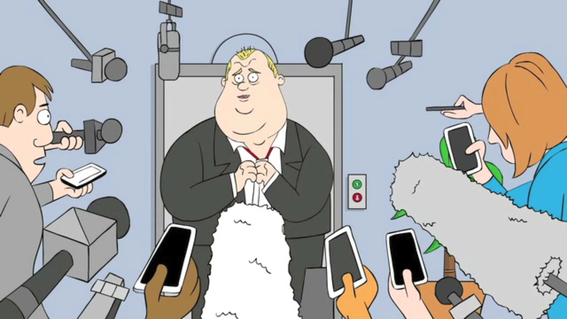 A cartoon man in a suit stands in front of an elevator, surrounded by microphones and cell phones held by unseen reporters.