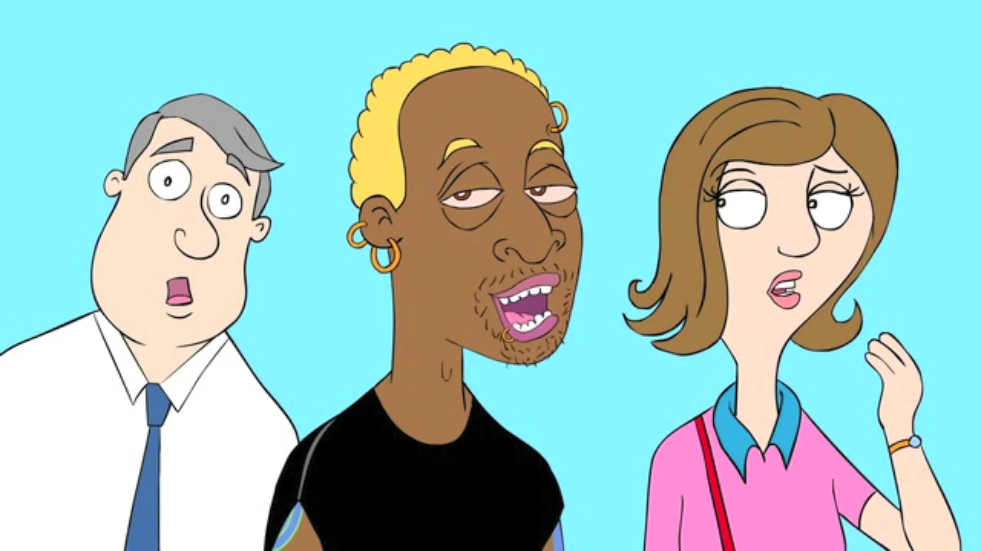 Three animated people, two men and one woman, react with surprise and confusion to something off-screen against a light blue background.