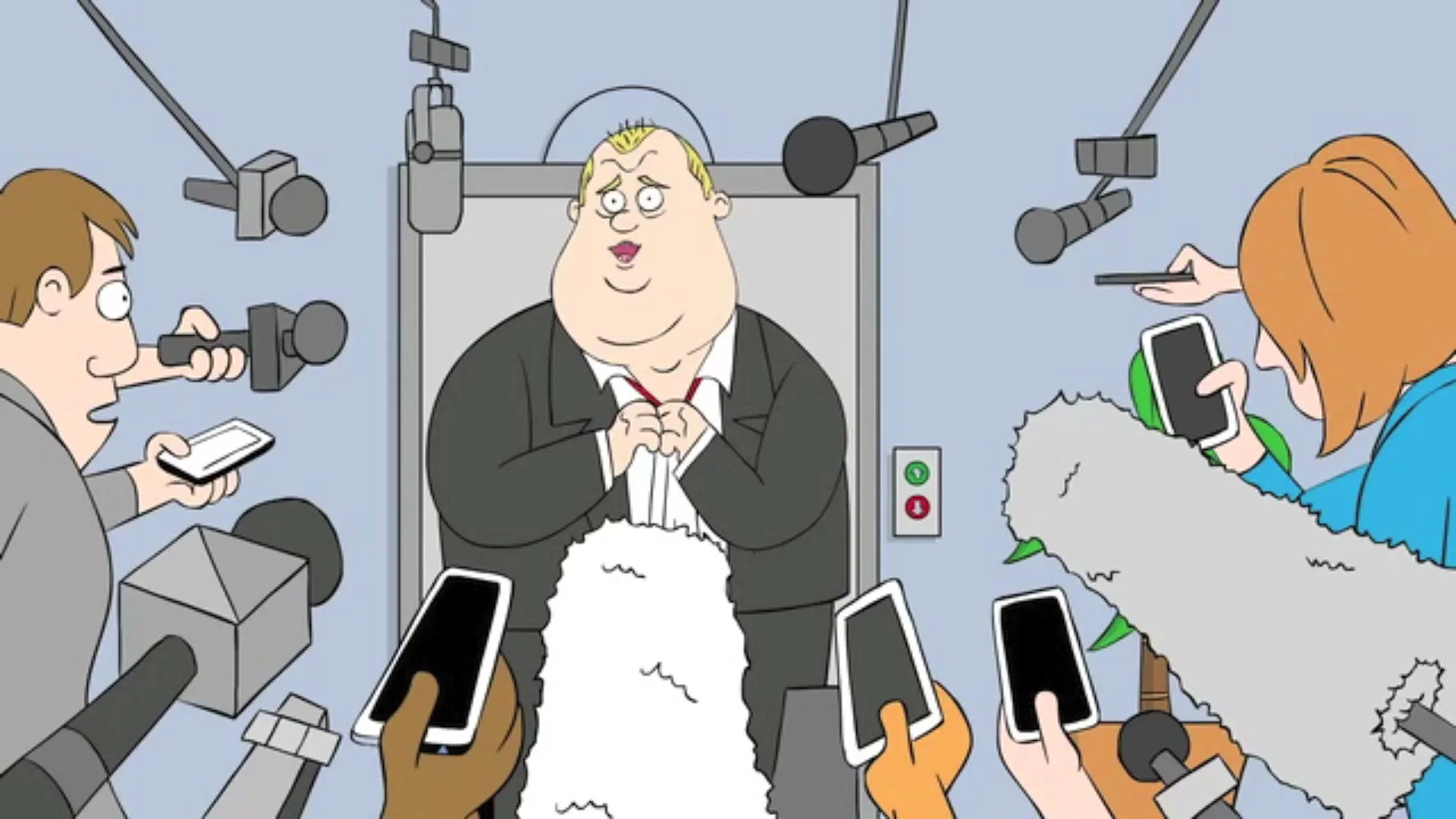 An animated, overweight male politician in a suit and tie is surrounded by reporters with microphones and phones, looking flustered in a hallway.