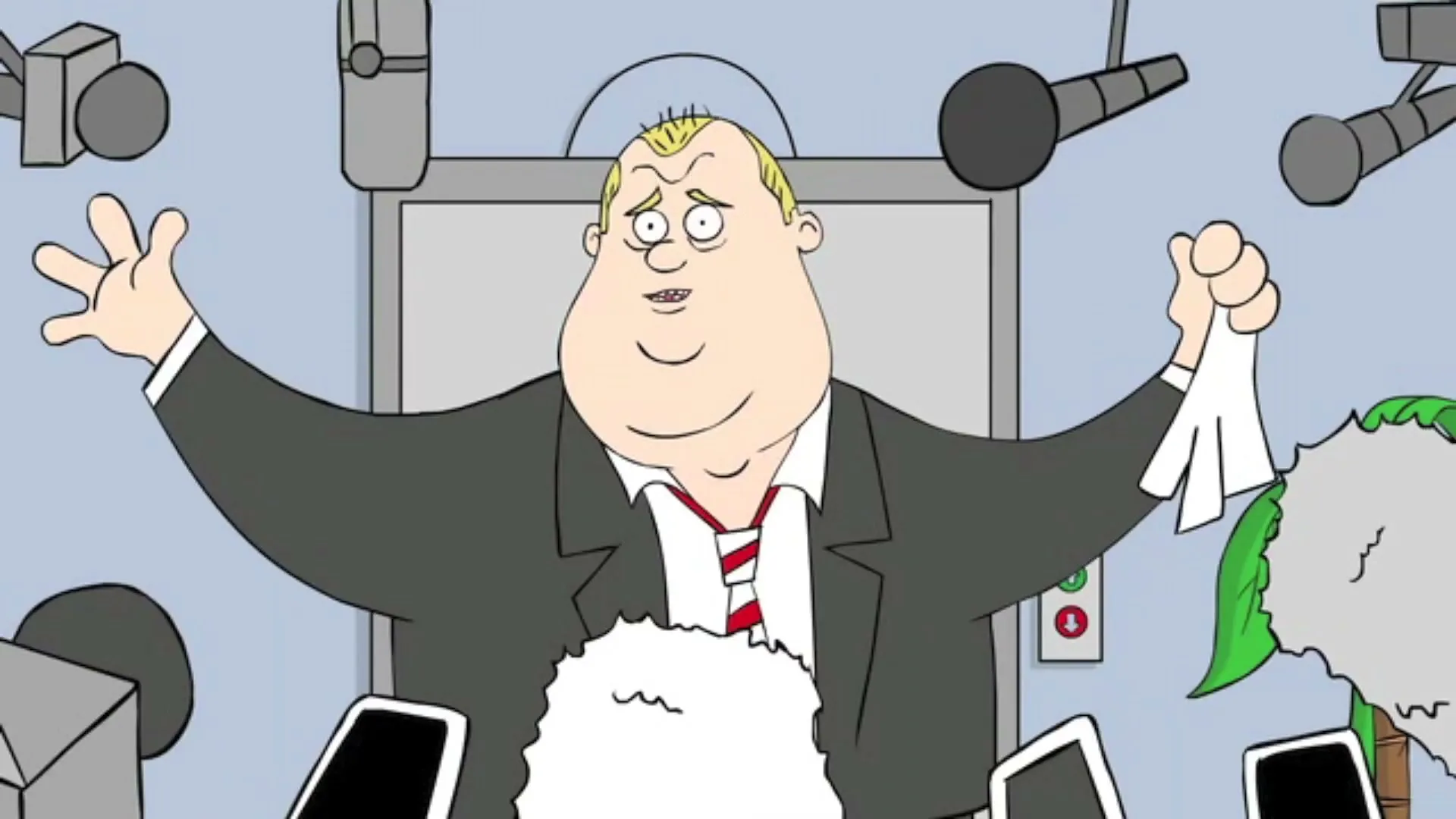 An animated male character, resembling Rob Ford, stands in a press conference setting, looking around with a worried expression.