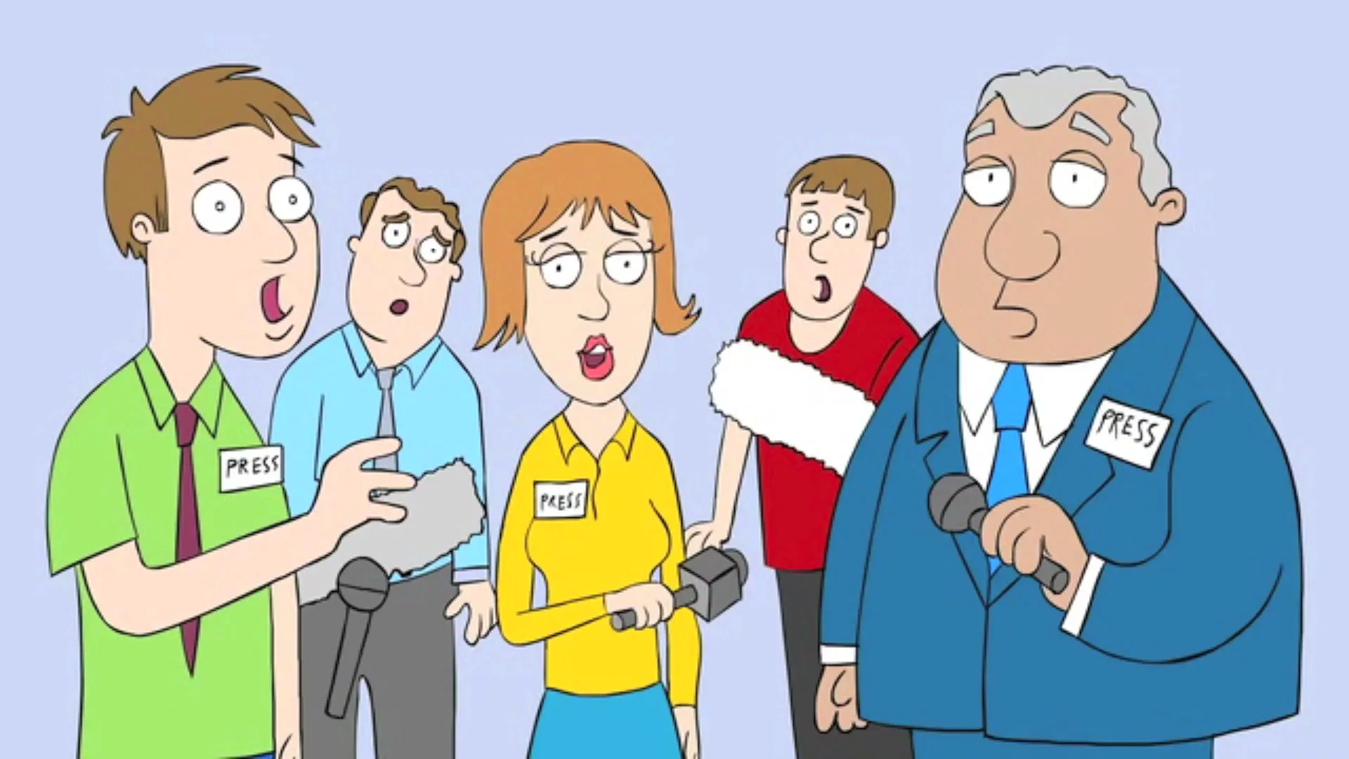 A group of animated reporters with microphones look shocked at an unseen event, standing against a light blue background.