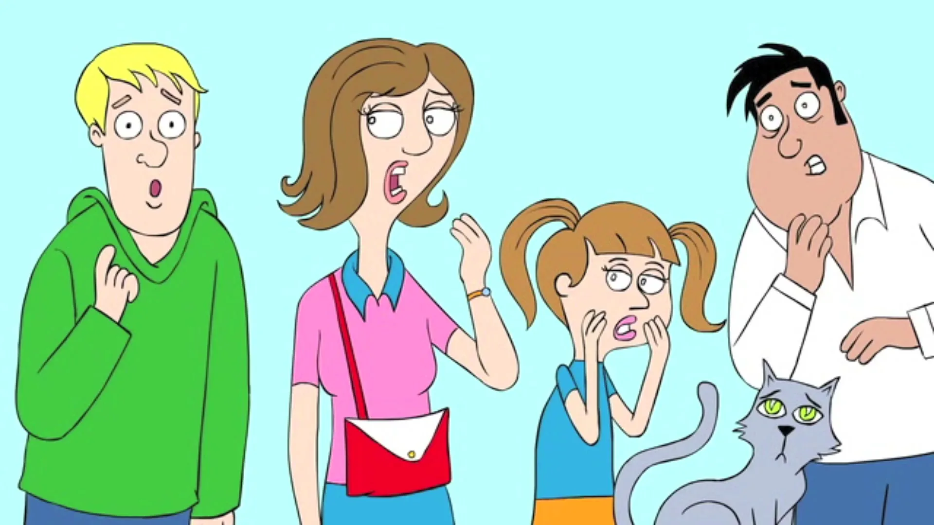 A cartoon family of four and a cat look shocked and concerned, standing against a plain light blue background.