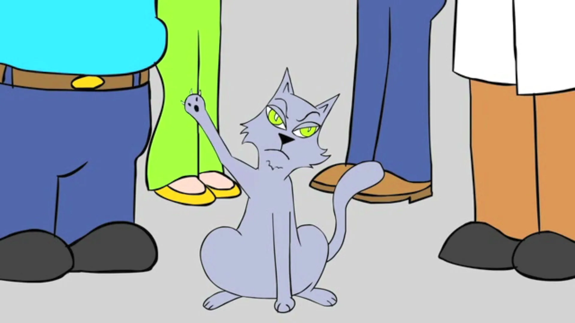 An animated grey cat with bright green eyes sits on the ground, surrounded by the legs of several people, and appears to be meowing or yelling.