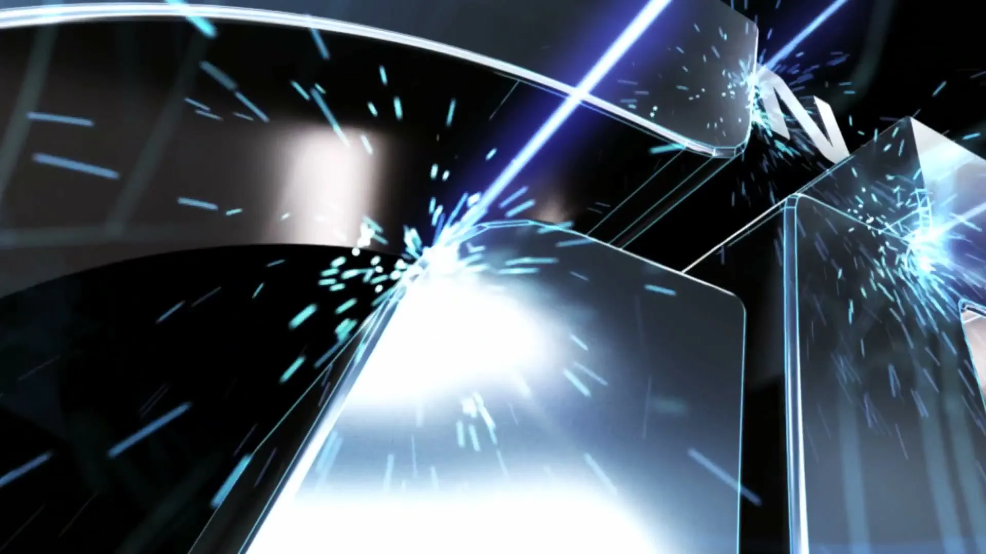 A dynamic, abstract shot features metallic, reflective letters forming "GT" with bright blue light beams and sparks, creating a high-energy visual.