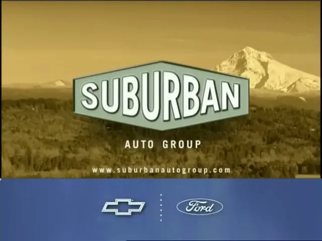 The Suburban Auto Group logo appears over a sepia-toned landscape with a mountain, while Chevrolet and Ford logos are at the bottom.