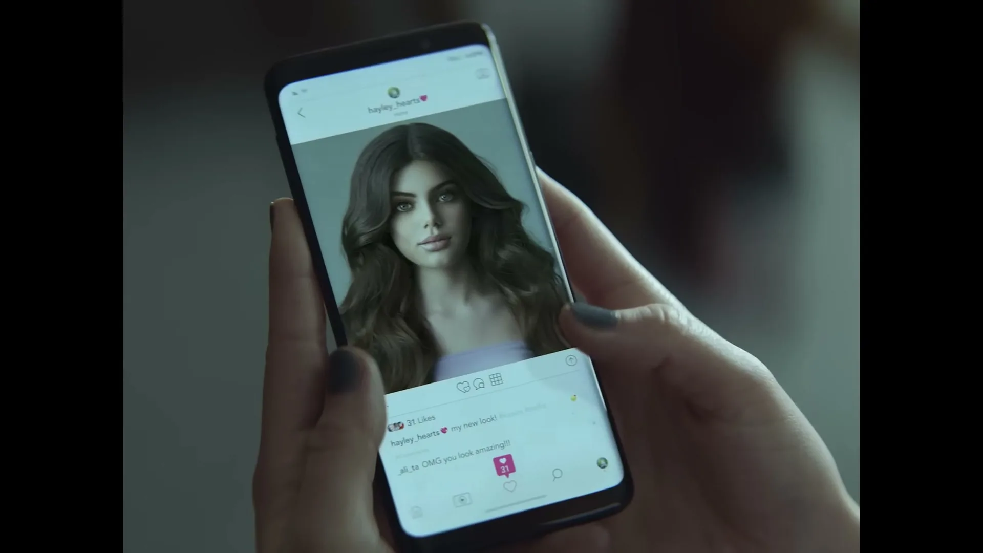 A person's hands hold a smartphone displaying a social media post with a heavily filtered image of a young woman, as the number of likes decreases.