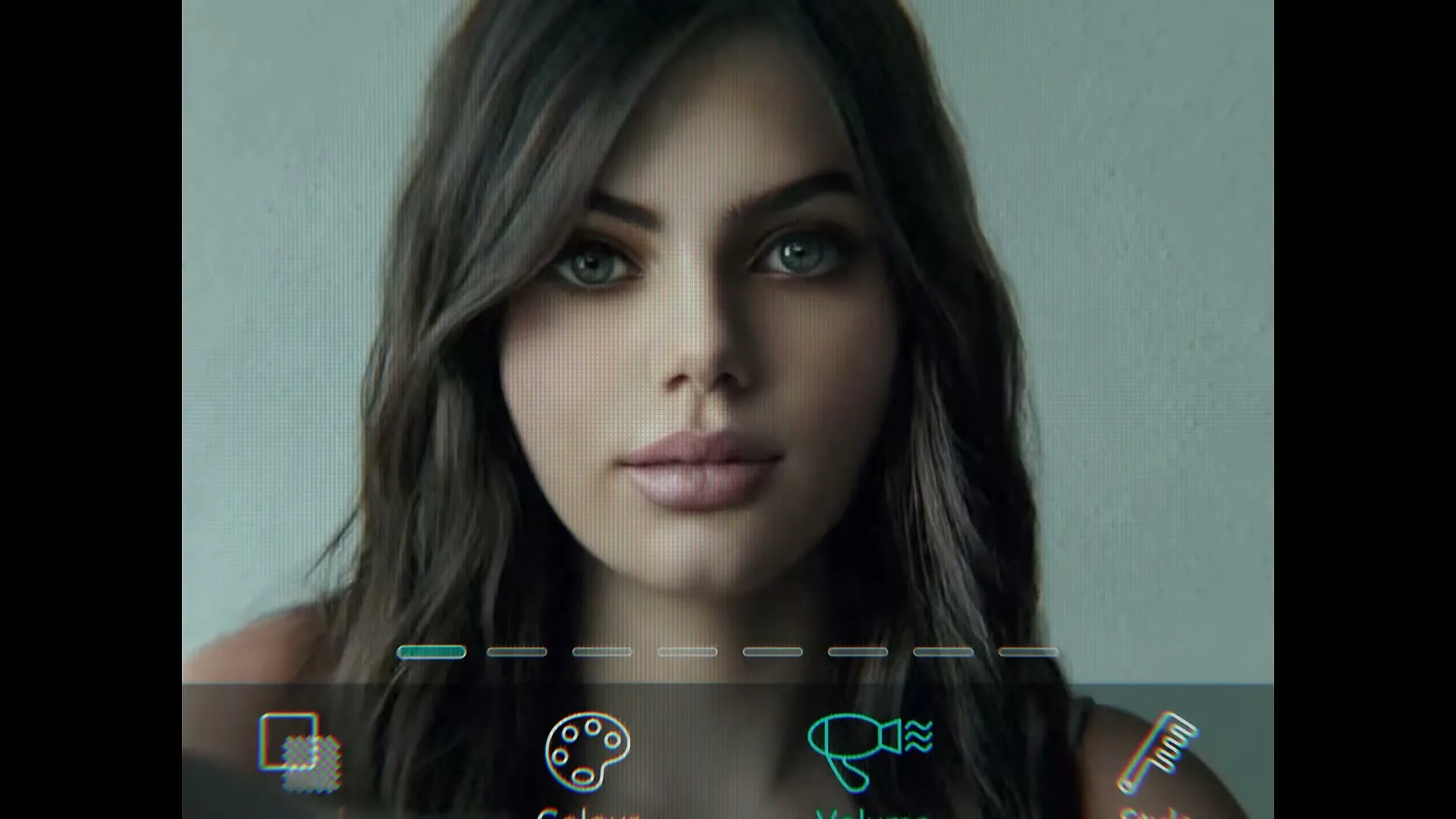 A young woman with dark hair and makeup looks directly at the camera, with a digital interface overlaying her face.