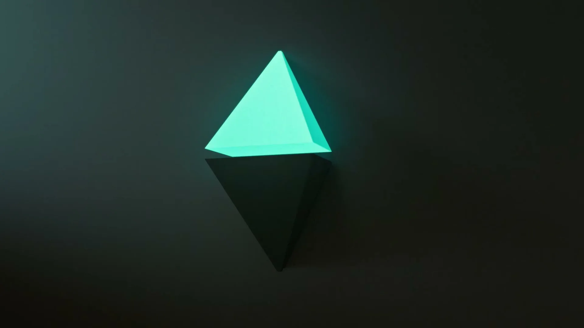 A dark, geometric shape, resembling two pyramids connected at their bases, glows with a bright, ethereal light against a dark background.