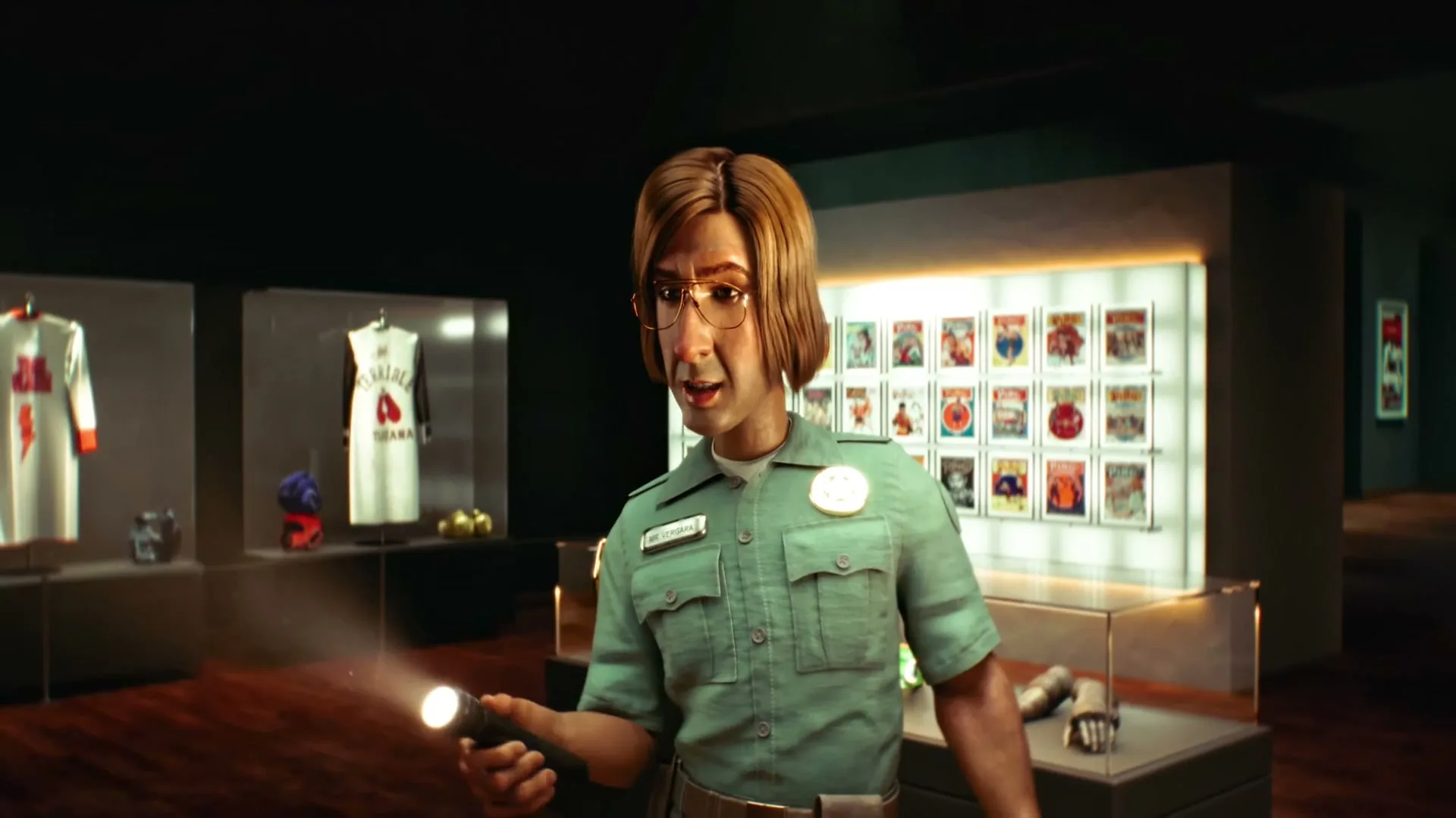 A male museum security guard with a flashlight stands in a dark museum, looking around at the exhibits.
