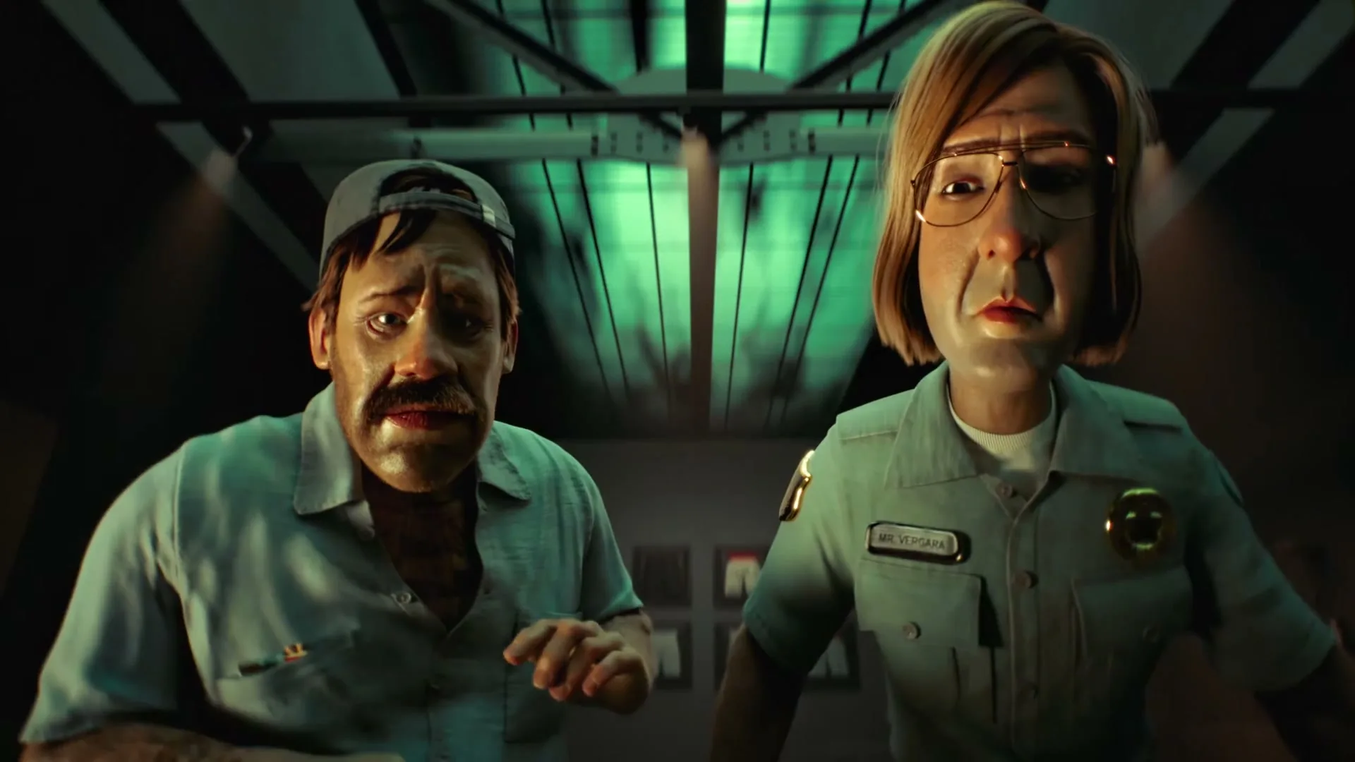 Two animated characters, a male in a cap and a female in a uniform, look up with worried expressions in a dark, industrial-like setting.