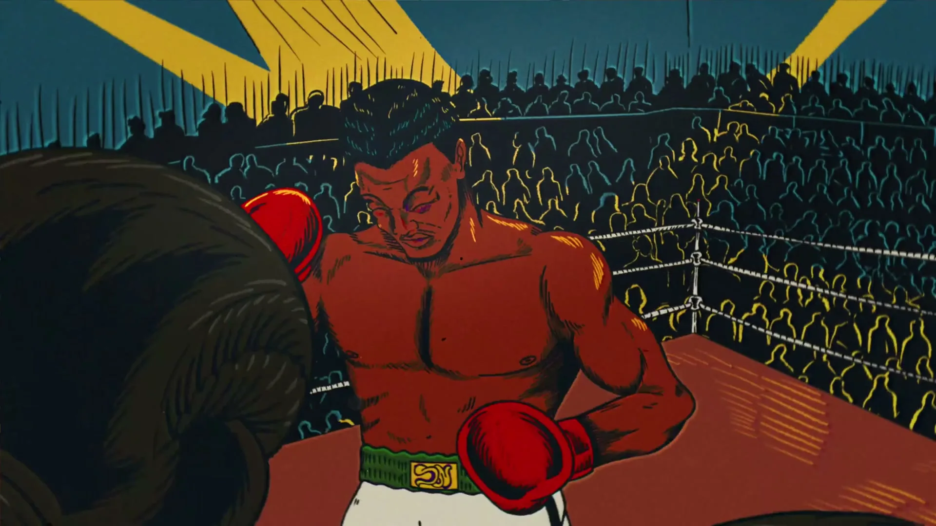 An animated boxer with red gloves and white shorts stands in a boxing ring, looking determined as a crowd watches under yellow spotlights.