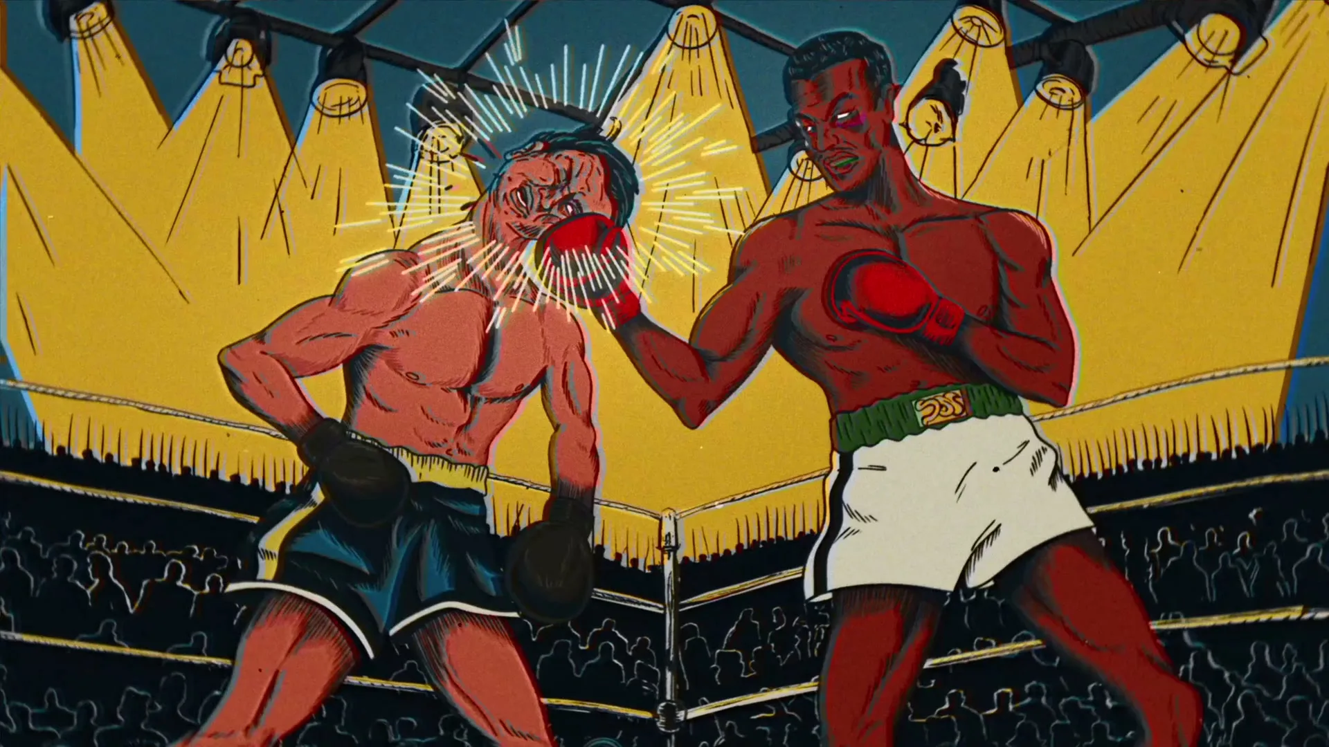 Two animated boxers, one with dark skin and red gloves, punches another with light skin and black gloves, who recoils in a boxing ring under bright lights.