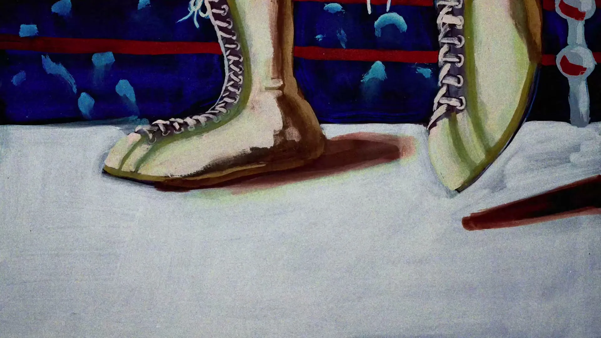 A pair of boxing boots with white laces are shown in a painted style, standing on a white surface with a dark blue background.