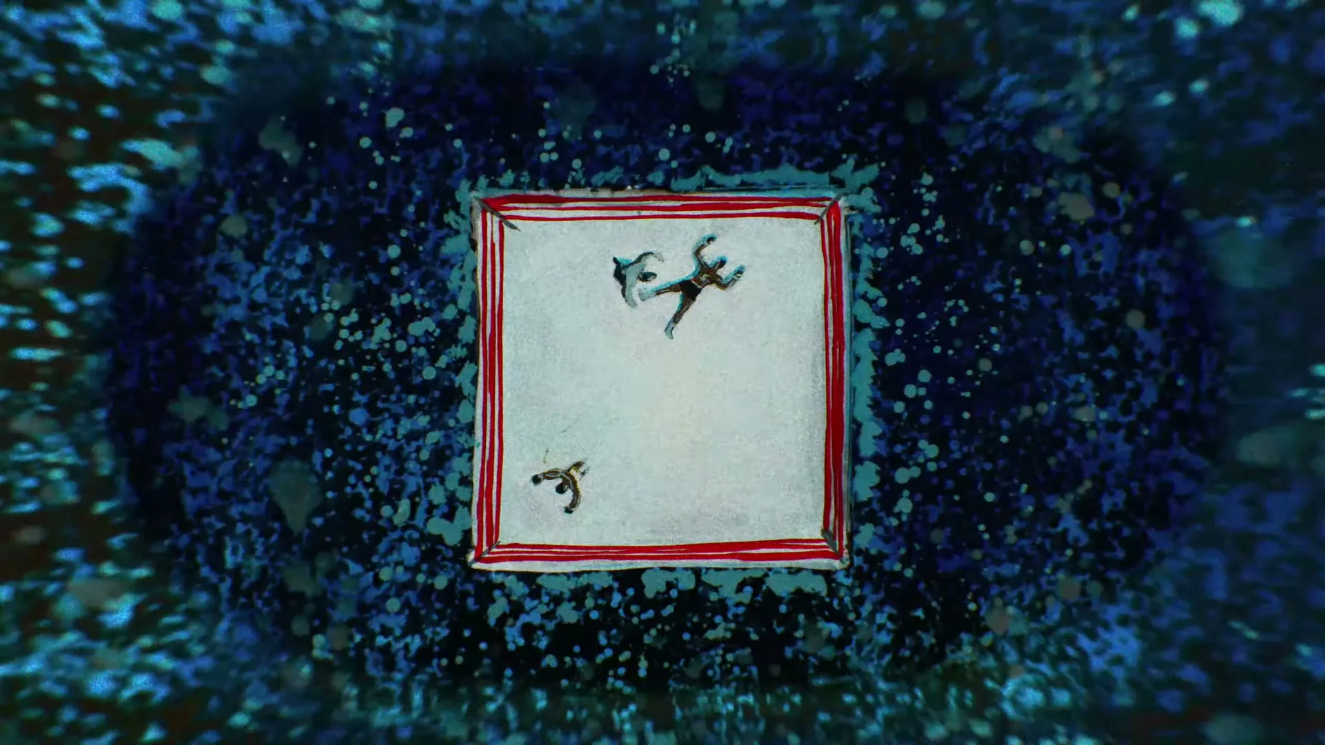Two animated boxers are seen from an overhead view in a boxing ring, then the shot zooms into a bright light.