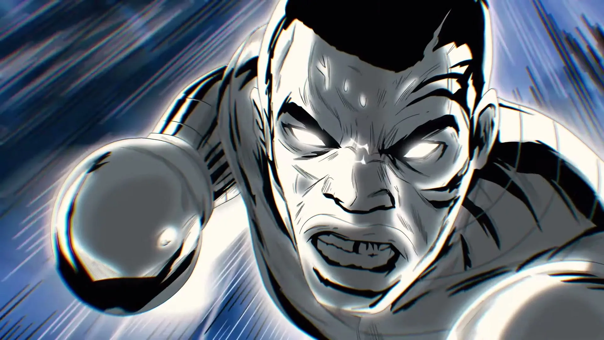 An animated male boxer with glowing eyes and a determined expression throws a punch, surrounded by dynamic speed lines in a stylized arena.
