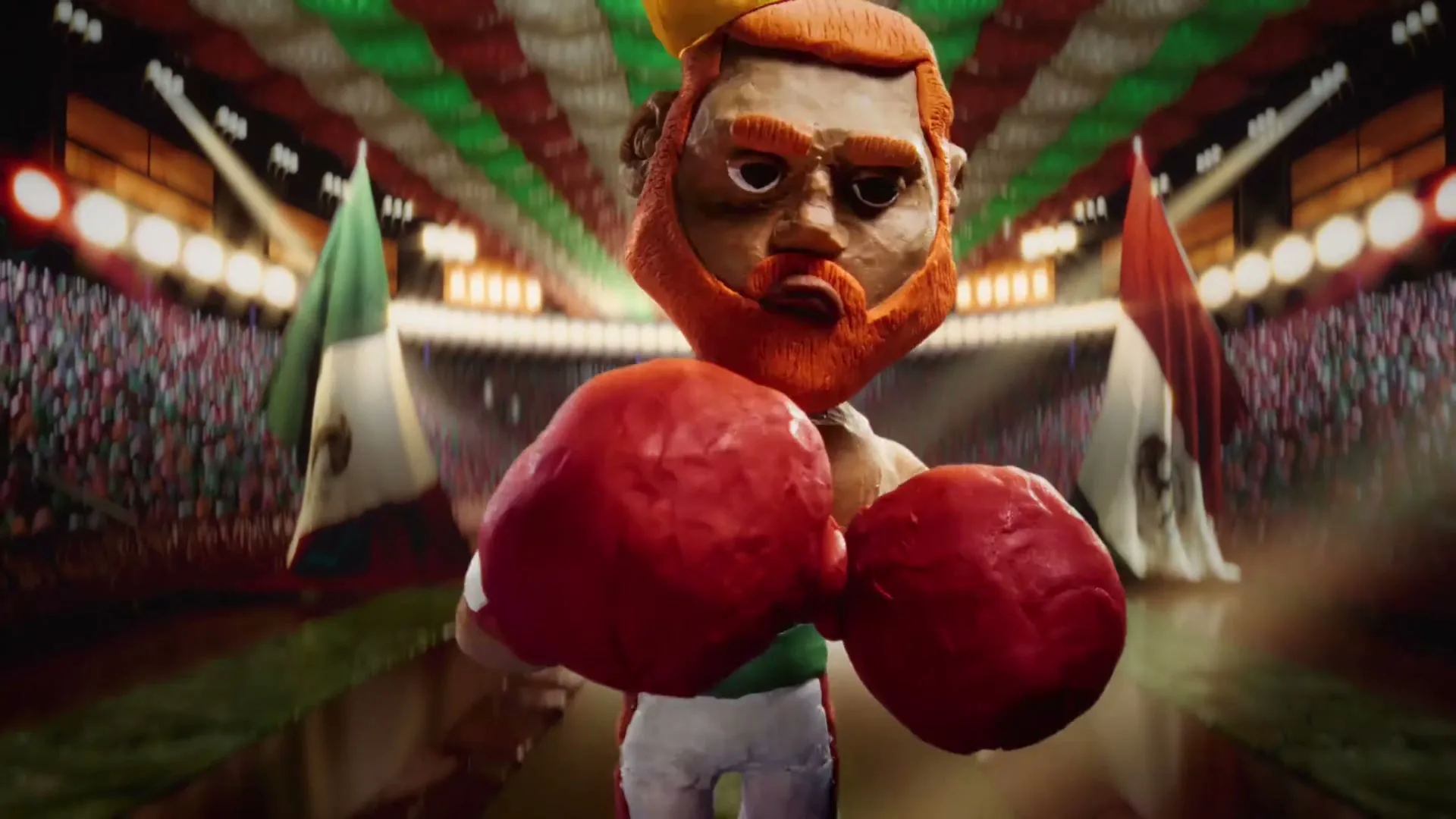 A claymation boxer with a crown and red gloves stands in a stadium decorated with Mexican flags, looking determined.