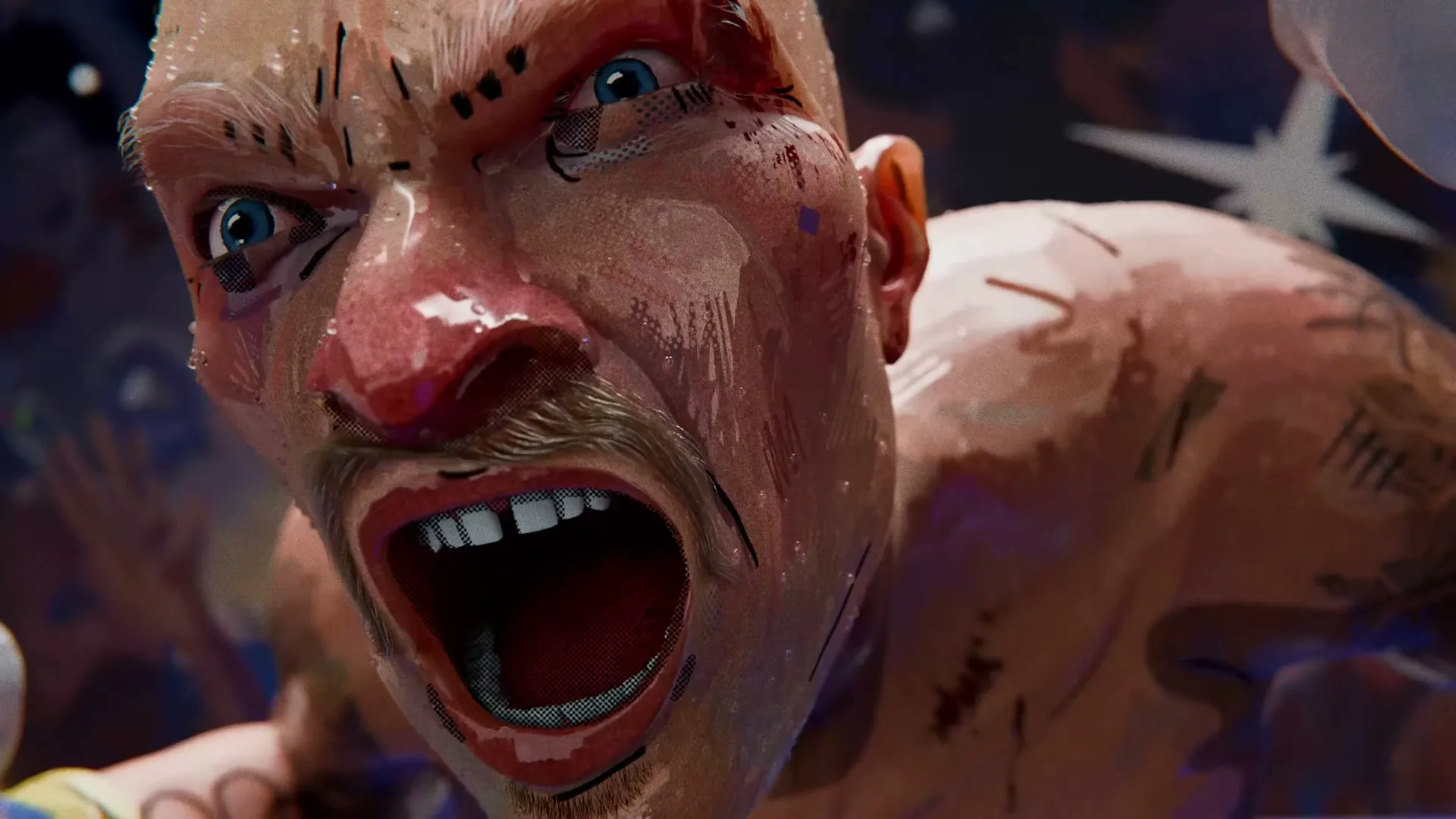 A male character with a mustache and blue eyes screams in a stylized, animated close-up, with sweat and cartoonish lines on his face.