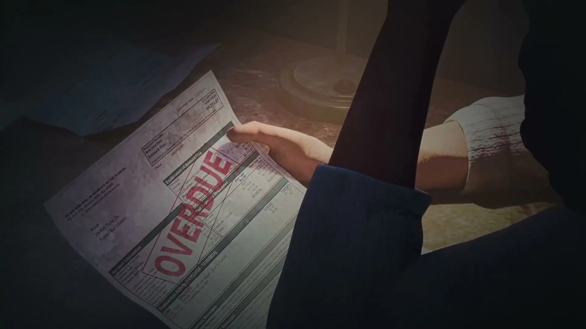 A person's hand holds an overdue bill, with the word "OVERDUE" prominently displayed in red, on a dimly lit surface.